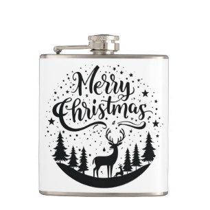 Classic Merry Christmas Deer and Tree Design Art Hip Flask