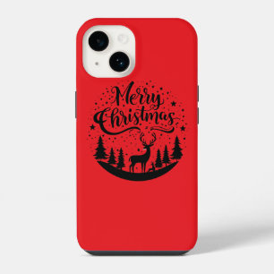 Classic Merry Christmas Deer and Tree Design Art iPhone 14 Case
