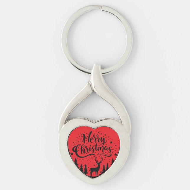Classic Merry Christmas Deer and Tree Design Art Key Ring (Front)