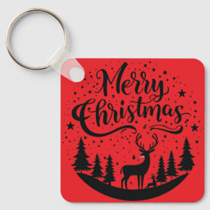 Classic Merry Christmas Deer and Tree Design Art Key Ring