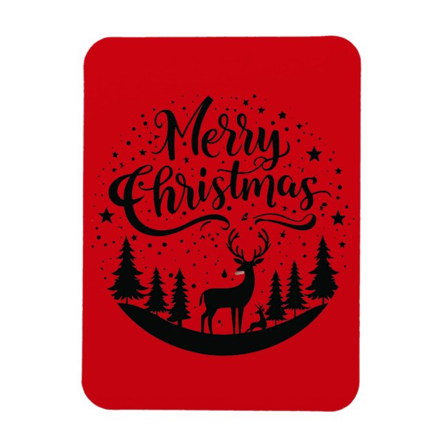 Classic Merry Christmas Deer and Tree Design Art Magnet (Vertical)