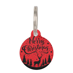 Classic Merry Christmas Deer and Tree Design Art Pet Tag