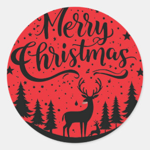 Classic Merry Christmas Deer and Tree Design Art Round Sticker