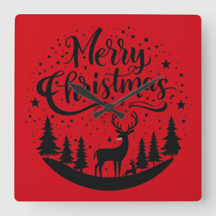Classic Merry Christmas Deer and Tree Design Art Square Wall Clock