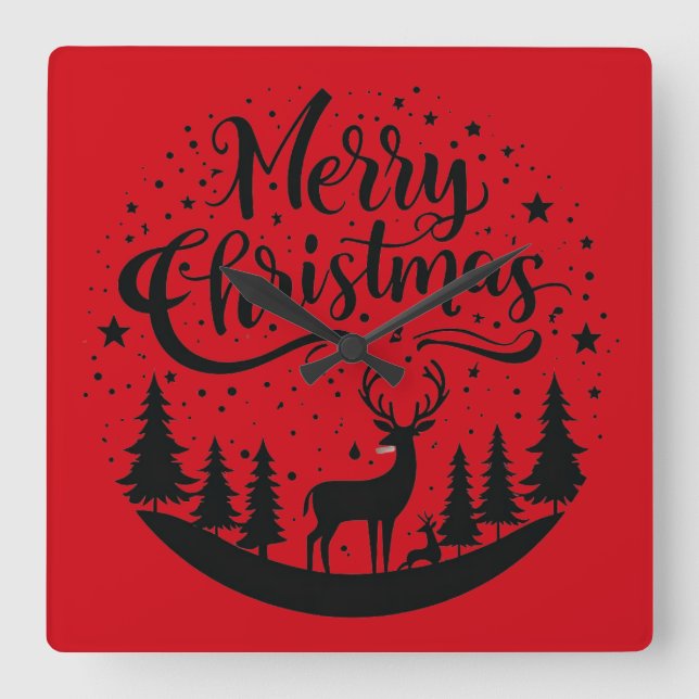 Classic Merry Christmas Deer and Tree Design Art Square Wall Clock (Front)