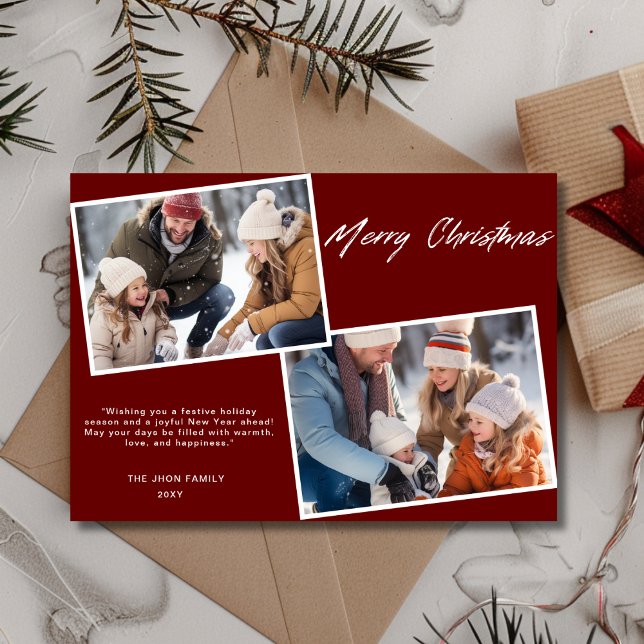 Classic Merry Christmas Family Two Photo Burgundy Holiday Card (Creator Uploaded)