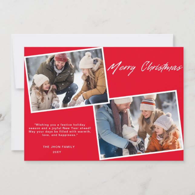 Classic Merry Christmas Family Two Photo Chic Red Holiday Card (Front)