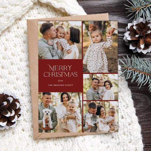 Classic Merry Christmas Five Photo Floral Back Holiday Card (Creator Uploaded)