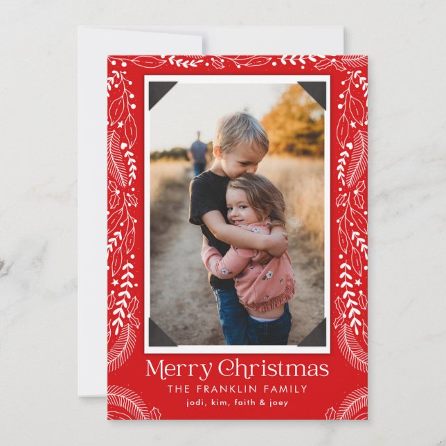 Classic Merry Christmas Floral Photo Holiday Card (Front)