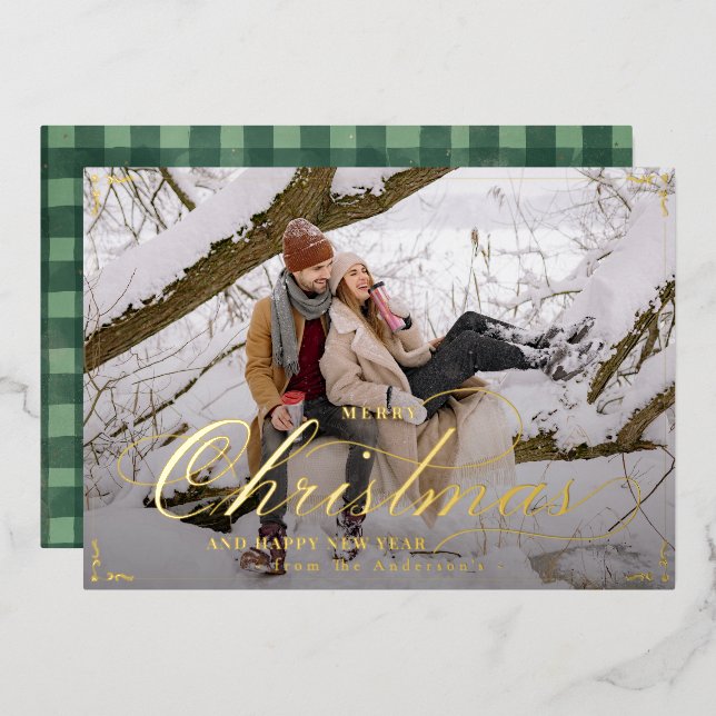 Classic Merry Christmas Green Gingham Custom Photo Foil Holiday Card (Front/Back)