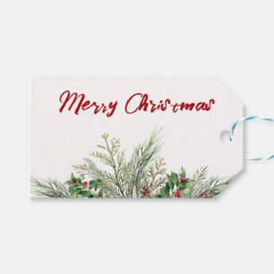 Classic Merry Christmas Green Red Wreath Holiday Gift Tags