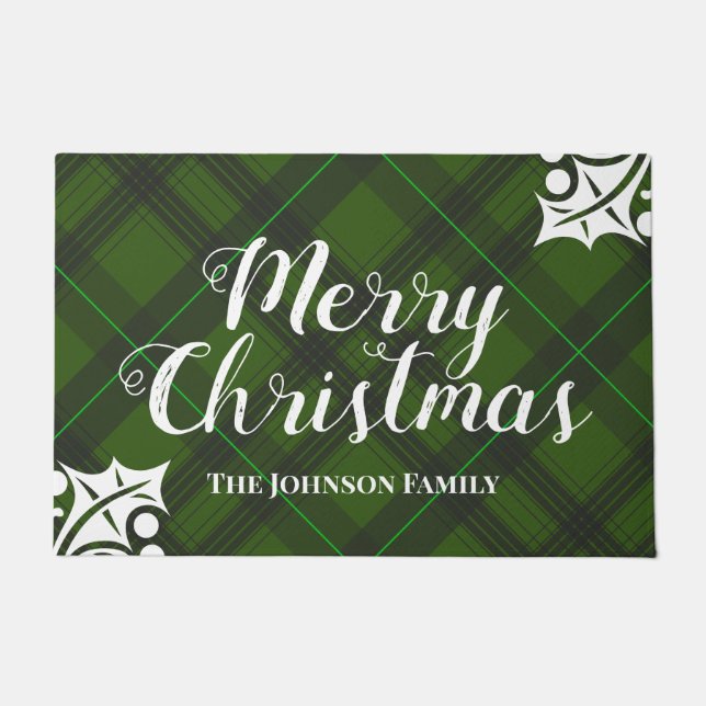 Classic Merry Christmas Green Tartan Plaid Doormat (Front)
