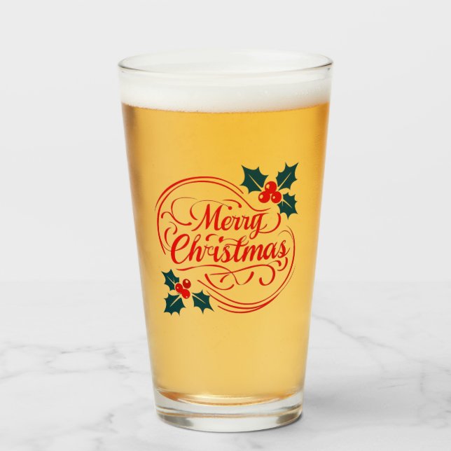 Classic Merry Christmas Holly Berry Holiday Art Glass (Front Filled)