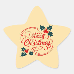 Classic Merry Christmas Holly Berry Holiday Art Star Sticker