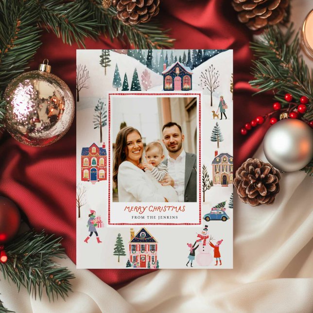 Classic Merry Christmas Photo Greeting Card (Classic Merry Christmas Photo Greeting Card - Christmas Village Vintage Theme)