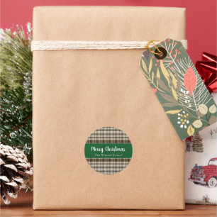 Classic Merry Christmas Plaid Green White Round Sticker