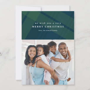 Classic Merry Christmas plaid simple two photo  Holiday Card