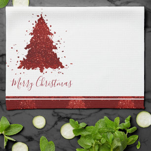 Classic Merry Christmas Rich Crimson Red Tree Tea Towel