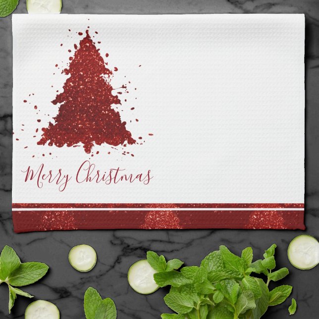 Classic Merry Christmas | Rich Crimson Red Tree Tea Towel (Creator Uploaded)
