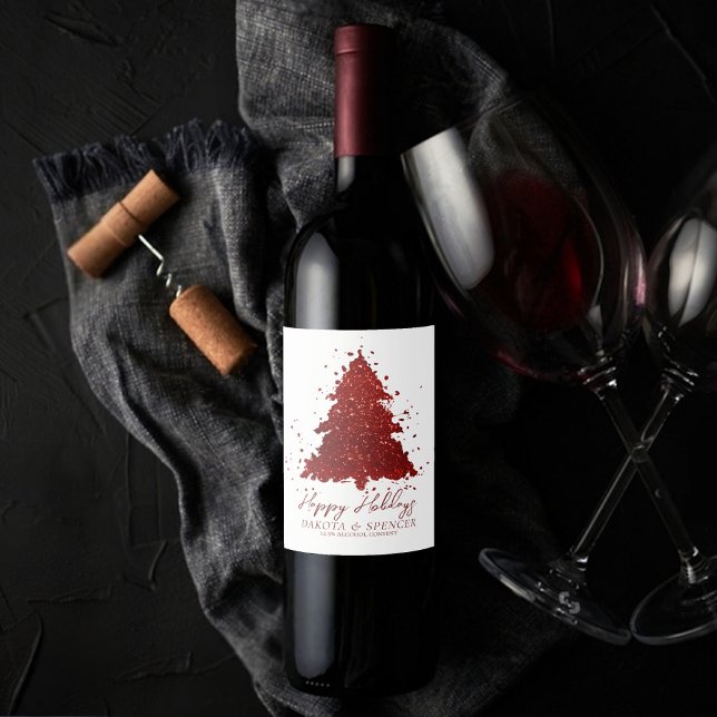 Classic Merry Christmas | Rich Crimson Red Tree Wine Label (Creator Uploaded)