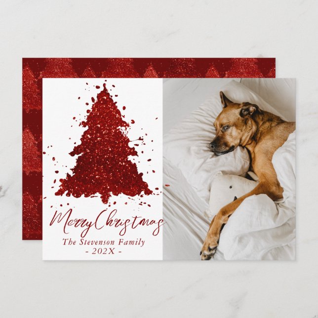 Classic Merry Christmas | Rich Crimson Tree Photo Holiday Card (Front/Back)