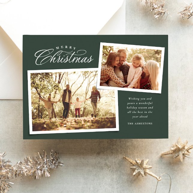 Classic Merry Christmas script two photo green Holiday Card (Creator Uploaded)
