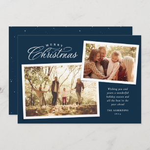 Classic Merry Christmas script two photo navy blue Holiday Card