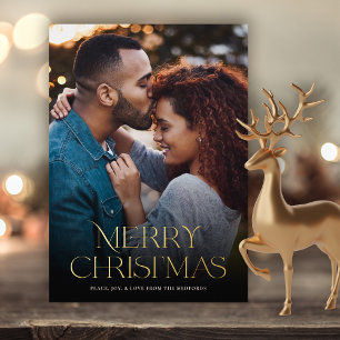 Classic Merry Christmas Text Floral Back   Photo Foil Holiday Card