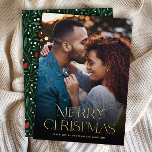 Classic Merry Christmas Text Floral Back   Photo Foil Holiday Card