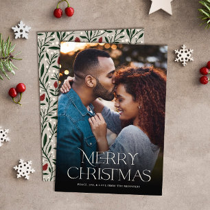 Classic Merry Christmas Text Floral Back   Photo Holiday Card