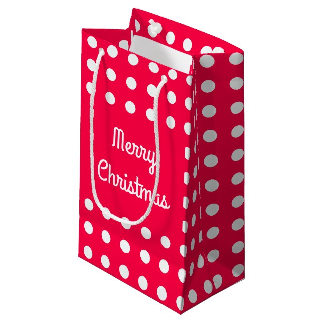 Classic Merry Christmas Text Red White Polka Dots Small Gift Bag (Front Angled)