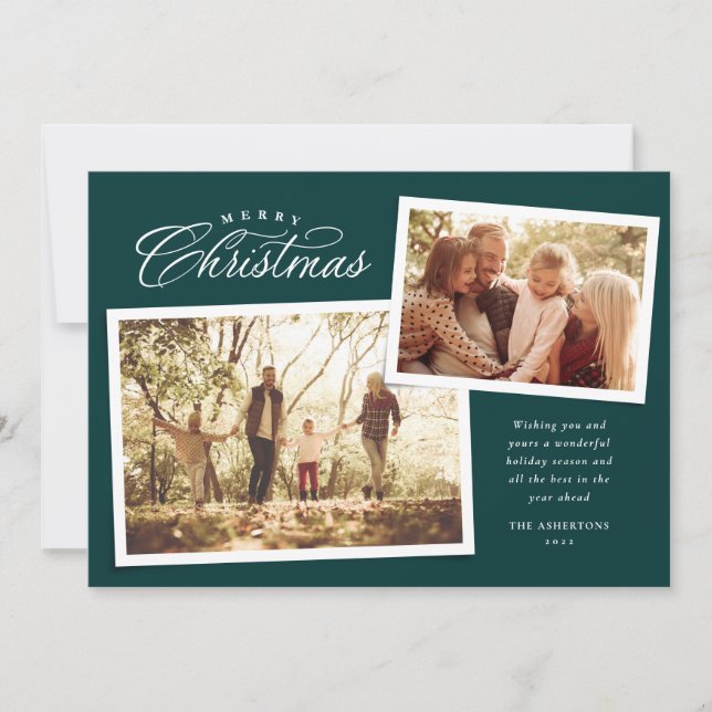 Classic Merry Christmas two photo dark green Holiday Card (Front)