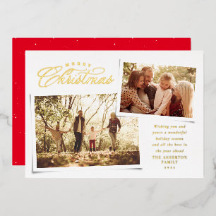Classic Merry Christmas two photo elegant Foil Holiday Card