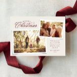 Classic Merry Christmas two photo elegant maroon Holiday Card<br><div class="desc">Send Christmas cheer this year with this simple and elegant maroon and off-white two-photo holiday card. The beautiful Merry Christmas type treatment is paired with two scrapbook style photos. The festive and elegant holiday photo card also features an area for a custom message above the name and year. The matching...</div>