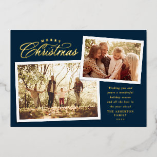 Classic Merry Christmas two photo elegant navy Foil Holiday Card