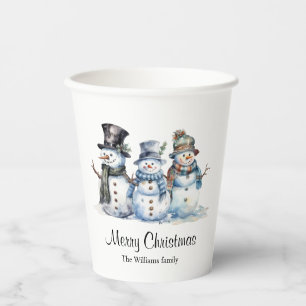 Classic Merry Christmas Watercolor Snowman Party Paper Cups