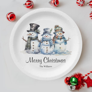Classic Merry Christmas Watercolor Snowman Party Paper Plate