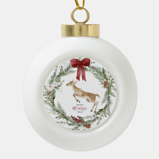 Classic Merry Christmas Winter Holiday Wreath Ceramic Ball Christmas Ornament (Front)