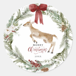 Classic Merry Christmas Winter Holiday Wreath Round Sticker