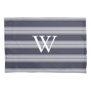Classic Midnight Grey & Grey Stripes White Initial Pillowcase