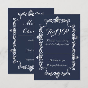 Classic Midnight Navy Blue Ornately Framed Wedding RSVP Card