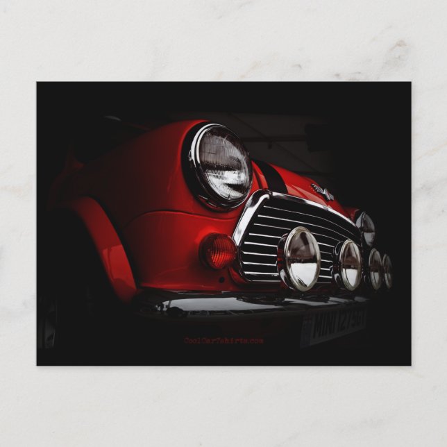 Classic Mini with rally lights post card (Front)