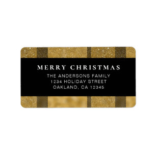 Classic Minimal Black Gold Buffalo Plaid Christmas Label
