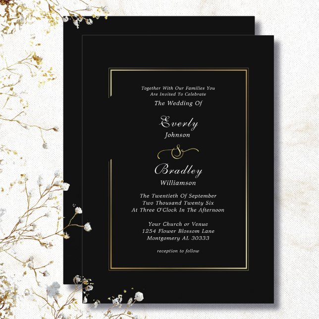 Classic Minimal Black White Gold Border Wedding Invitation (Creator Uploaded)
