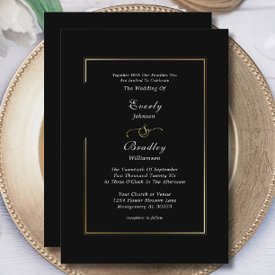 Classic Minimal Black White Gold Border Wedding Invitation