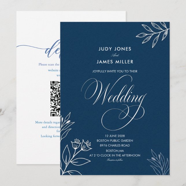 classic minimal  calligraphy navy blue wedding  invitation (Front/Back)