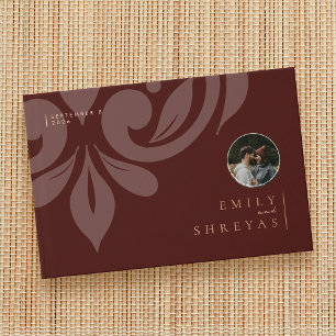 Classic Minimal Damask Mahogany Photo Wedding Guest Book