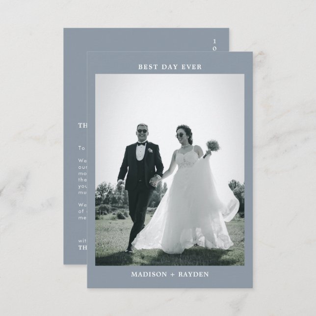 Classic Minimal Dusty Blue Photo Wedding Thank You Card (Front/Back)