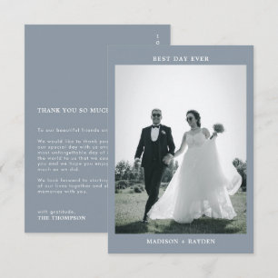 Classic Minimal Dusty Blue Photo Wedding Thank You Card