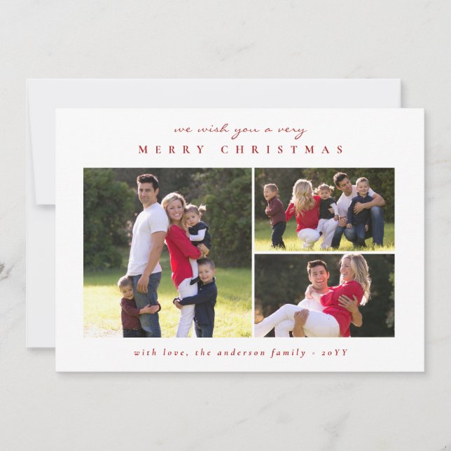 Classic Minimal Modern Merry Christmas Red 3 Photo Holiday Card (Front)